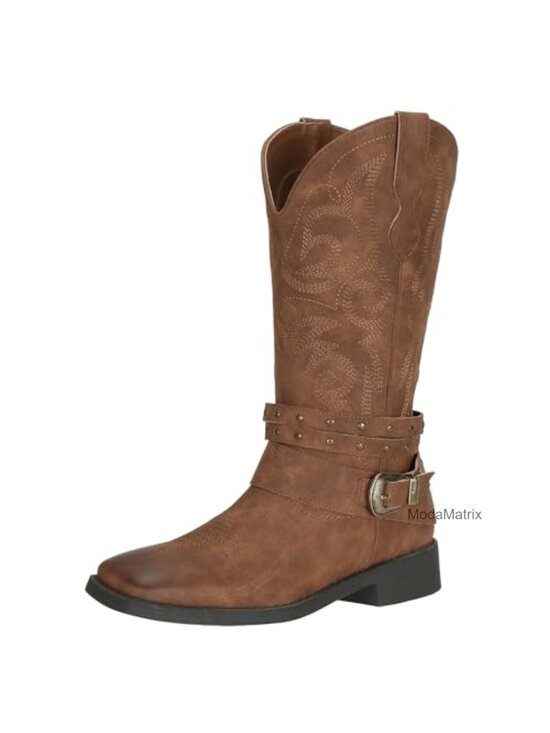 Shoes - Faux Leather Square Toe Mid Calf Cowgirl Boots with Removable Buckles